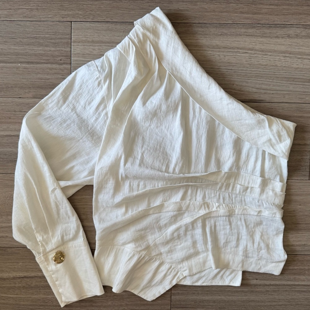 Zara White One Shoulder Asymmetrical Pleated Linen Blend Top Blouse
